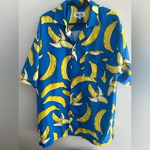 Men’s Blue Banana Hawaiian Print button up Dress Shirt Uzzi Gear Large